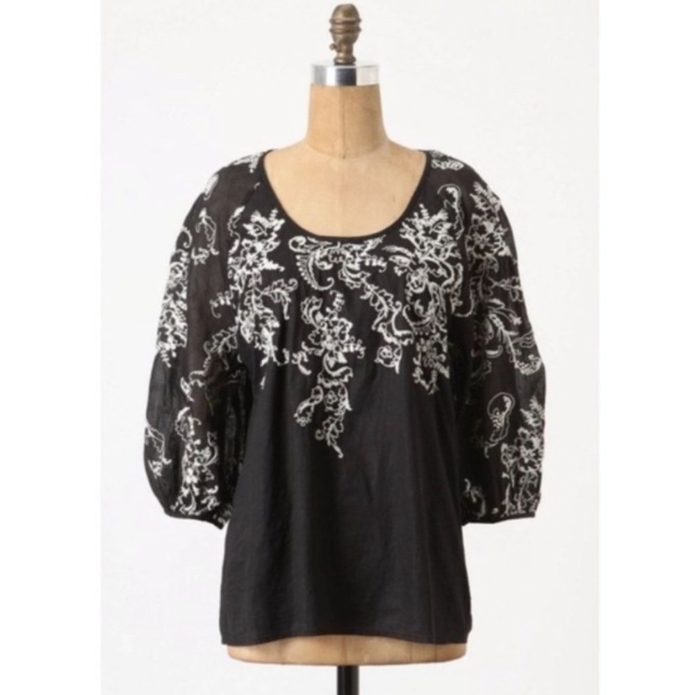 Anthropologie Black White Floral Embroidered Top